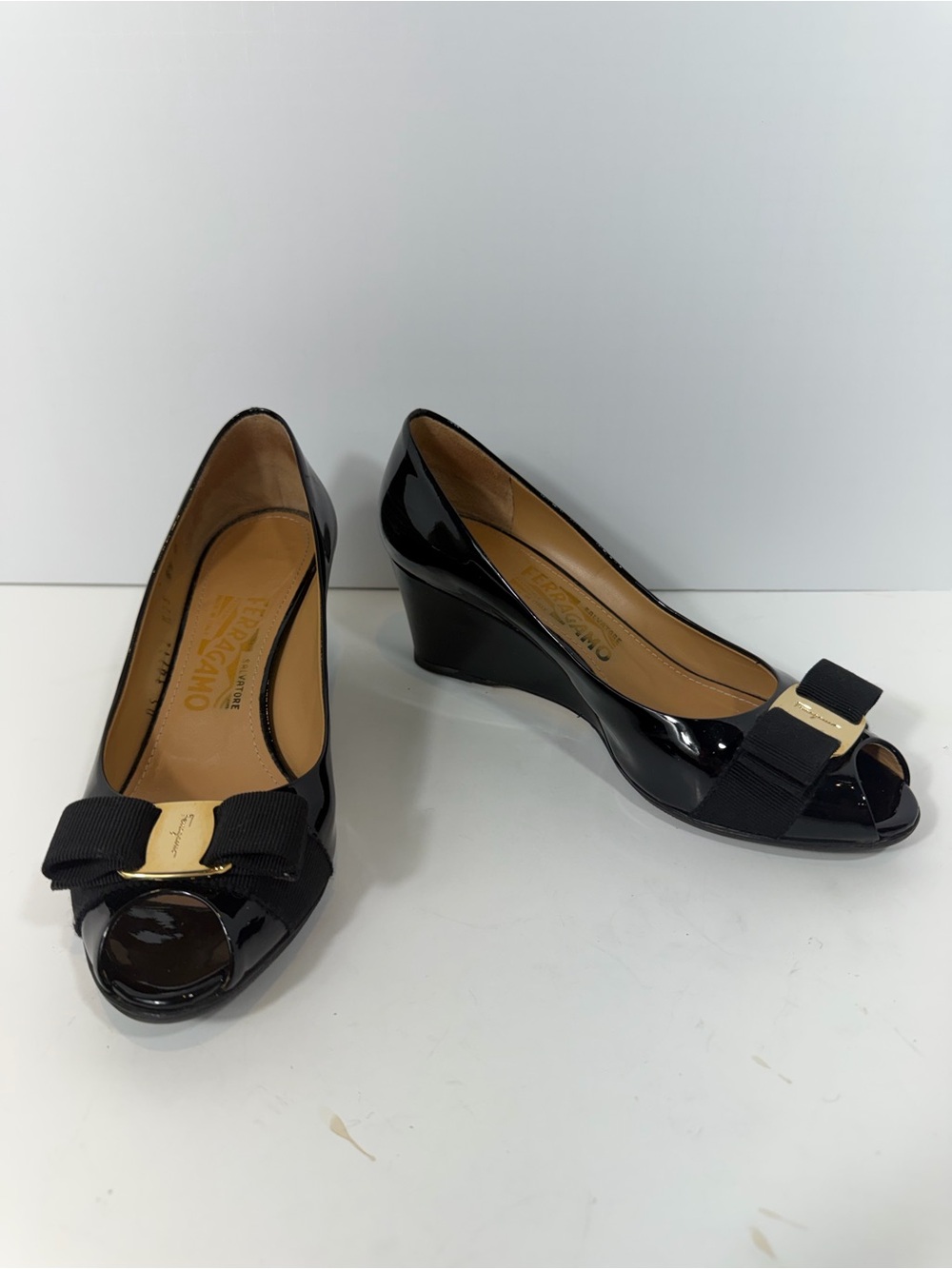 Salvatore Ferragamo Black Patent Leather Vara Bow Peep Toe Wedge Pumps 6.5